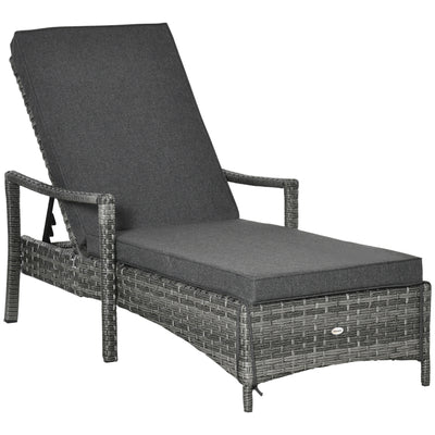 Patio Wicker Single Sun Lounger, Dual PE Rattan Weave Outdoor, 4-Level Adjustable Backrest w/ Removeable & Washable Cushion, Dark Grey