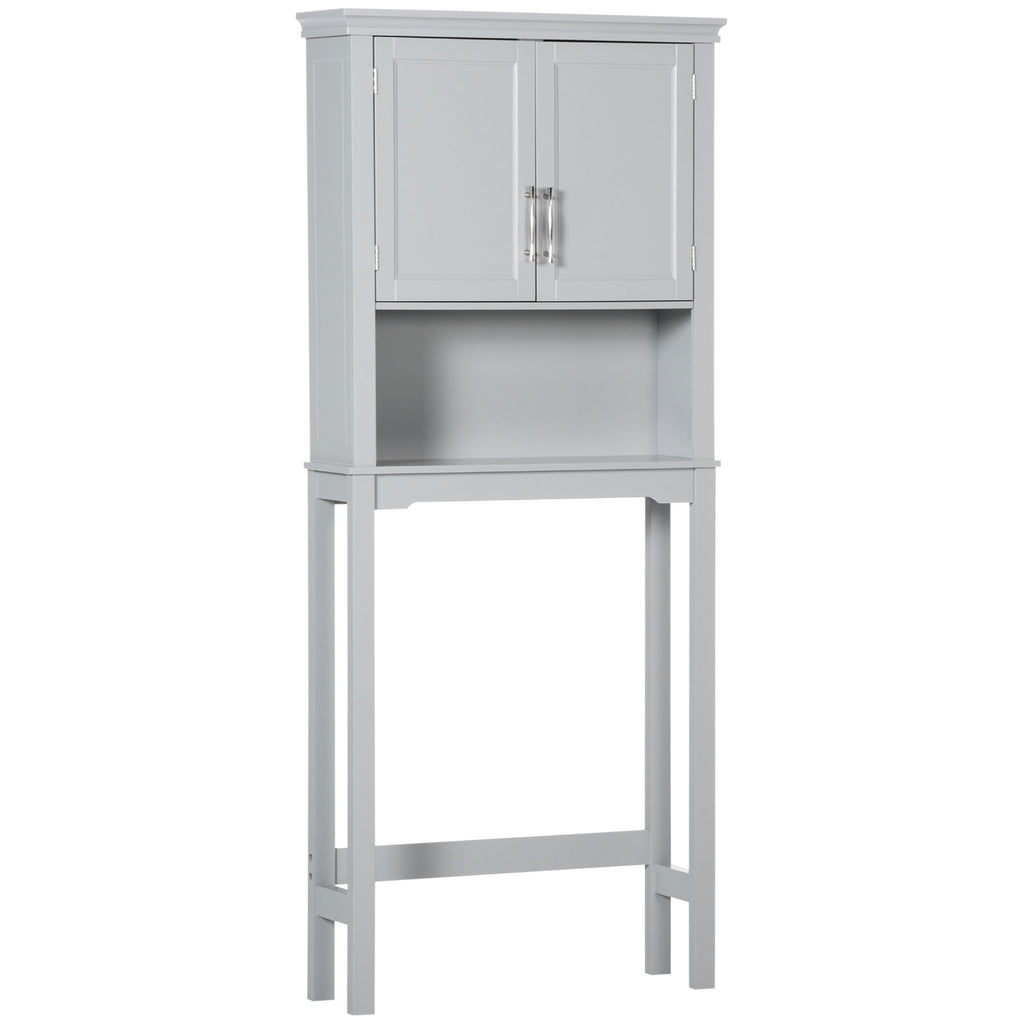 Modern Over The Toilet Storage Cabinet, Double Door Bathroom Organizer with Inner Adjustable Shelf and Open Shelf, Grey
