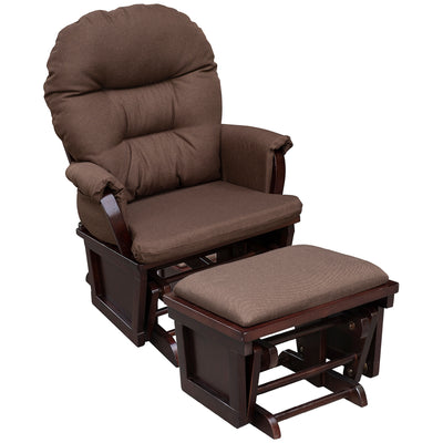 Nursery Glider Rocking Chair with Ottoman, Thick Padded Cushion Seating and Wood Base, Brown