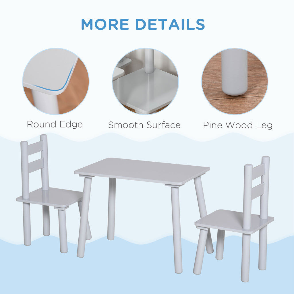 3-Piece Set Kids Wooden Table Chairs Easy to Clean Gift for Boys Girls Toddlers Age 3 to 8 Years Old Grey