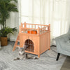 2-Level Elevated Waterproof Outdoor Wooden Treehouse Cat Shelter With Balcony, Natural Wood