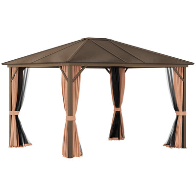 10' x12' Hardtop Gazebo with Aluminum Frame, Permanent Metal Roof Gazebo Canopy with 2 Hooks, Curtains and Netting for Garden, Brown