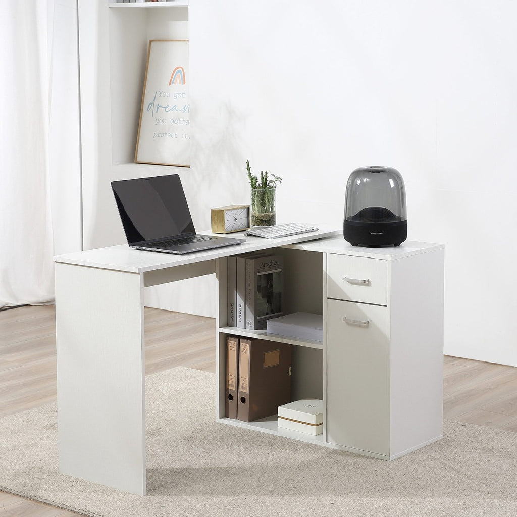 L Shaped Corner Computer Desk Workstation with Rotating Storage Shelves and Drawer for Home & Office, White