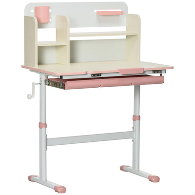 Kids Desk, Height Adjustable Children School Study Table, Student Writing Desk with Tilt Desktop, Drawer, Storage Shelf, Pen Holder, Pink