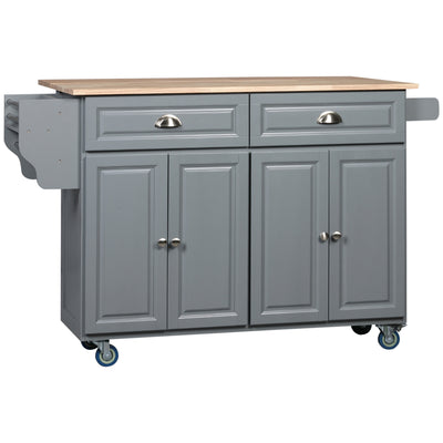 Rolling Kitchen Island on Wheels Utility Cart with Drop-Leaf and Rubber Wood Countertop, Storage Drawers, Door Cabinets, Dark Grey