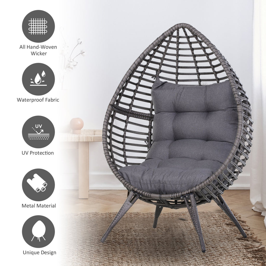 Patio Wicker Lounge Chair with Soft Cushion, Outdoor/Indoor PE Rattan Egg Teardrop Cuddle Chair with Height Adjustable Knob for Garden, Grey