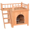 2-Level Elevated Waterproof Outdoor Wooden Treehouse Cat Shelter With Balcony, Natural Wood
