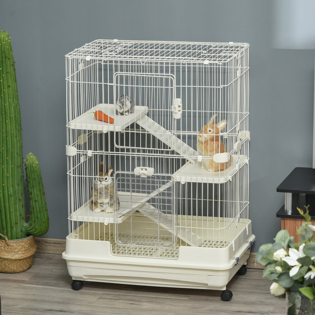 32"L 4-Level Small Animal Cage Rabbit Hutch with Universal Lockable Wheels, Slide-out Tray for Bunny, Chinchillas, Ferret, White