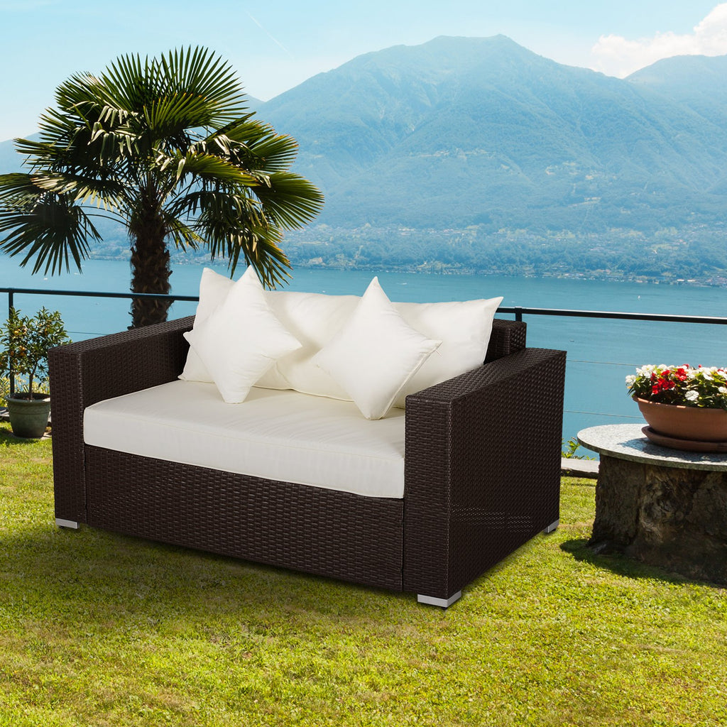 Outdoor PE All-Weather Rattan Loveseat Couch with 2 Throw Pillows & Comfortable Cushions in an Elegant Style