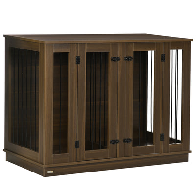 Large Furniture Style Dog Crate with Removable Panel, End Table with Two Rooms Design and Two Front Doors, Walnut, 47