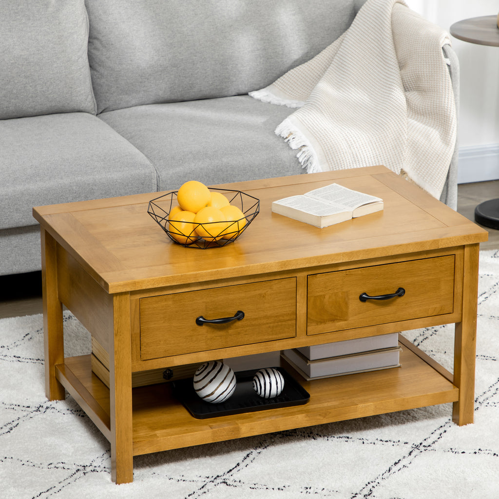 Wood Coffee Table, Cocktail Table with Drawers and Open Shelf, 37"x22.75"x20", Natural