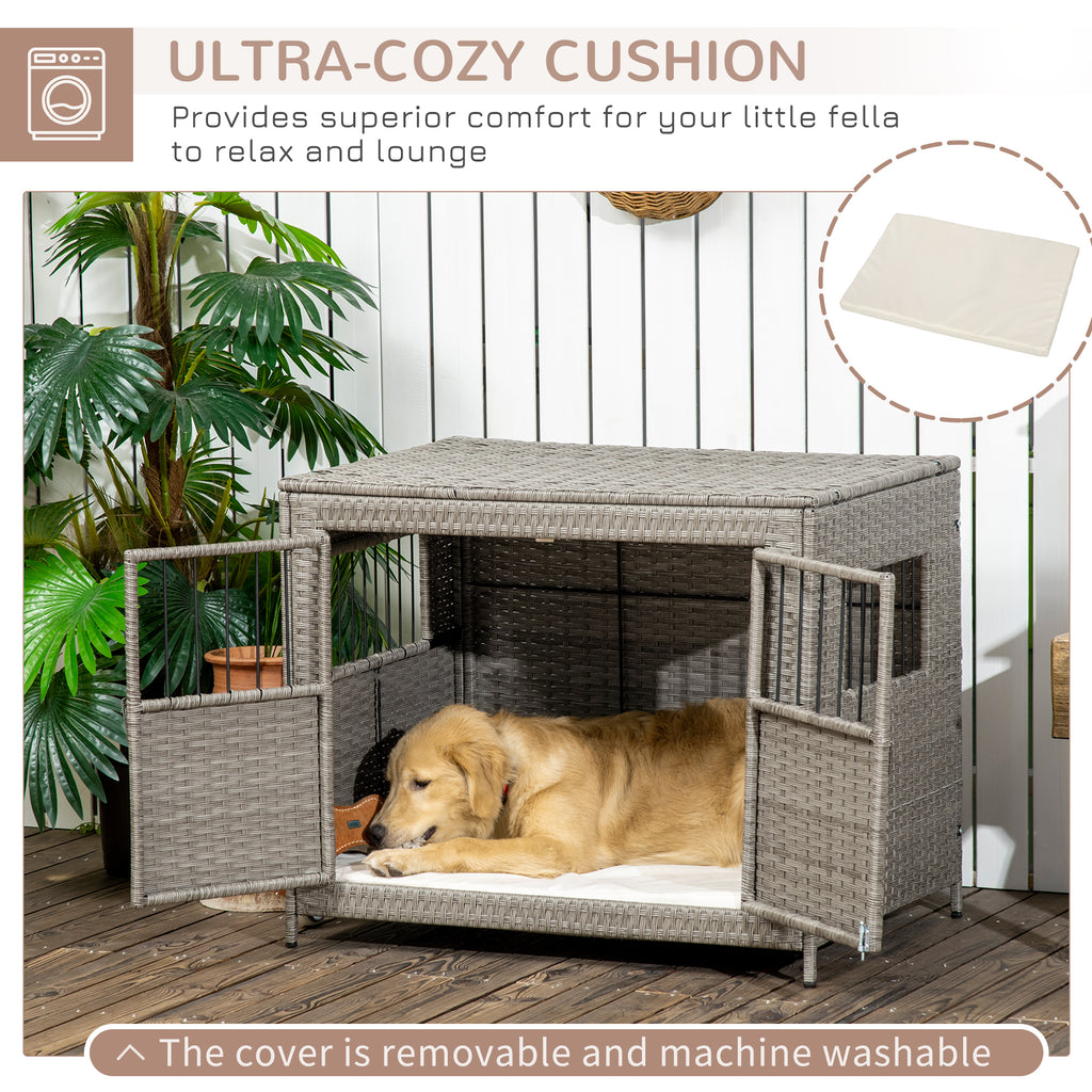Rattan Dog Crate with Double Doors, Wicker Dog Cage with Soft Washable Cushion, Dog Kennel Furniture for Medium to Large Sized Dogs, Grey