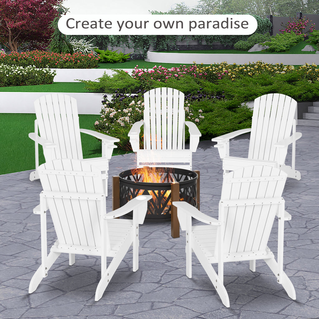 Wooden Adirondack Chair Outdoor Fire Pit Seating, Classic Lounge Chair with Ergonomic Design & a Built-In Cup Holder for Patio,  White