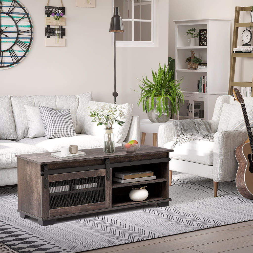 Farmhouse Coffee Table with Sliding Mesh Barn Door, Storage Cabinet, and Adjustable Shelves for Living Room, Dark Brown