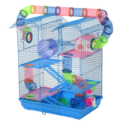 5 Tiers Hamster Cage Small Animal Rat House Mice Mouse Habitat with Exercise Wheels, Tube, Water Bottles, and Ladder, Blue