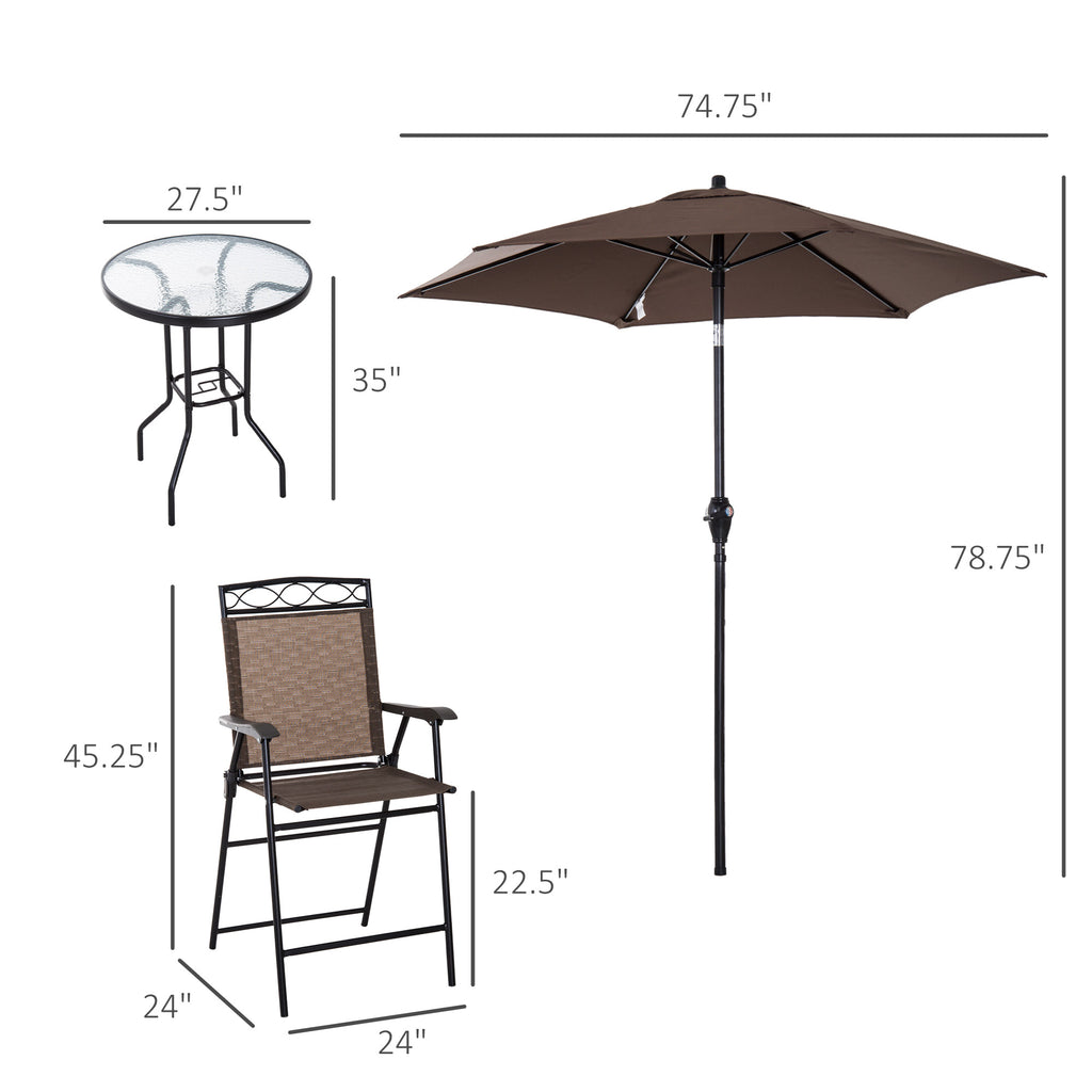 4 Piece Patio Bar Set for 2 with 6' Adjustable Tilt Umbrella, Outdoor Bistro Set with Folding Chairs & Glass Round Dining Table, Brown