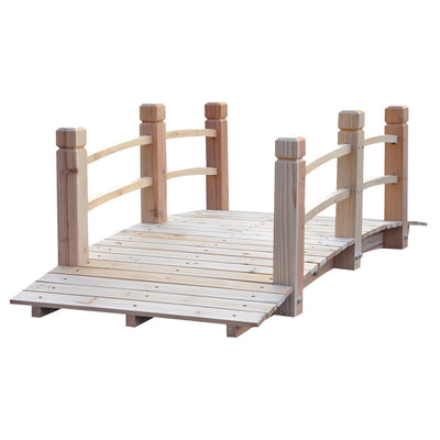 5 ft Wooden Garden Bridge Arc Stained Finish Footbridge with Railings for your Backyard, Natural Wood