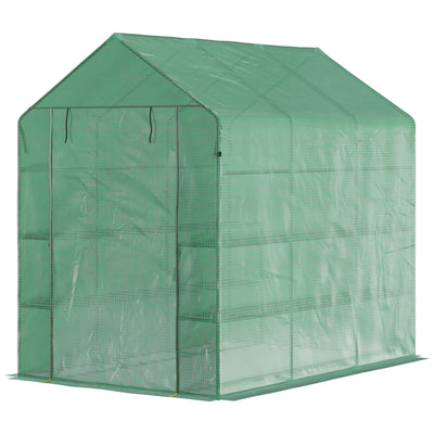 7' x 5' x 6' Walk-in Greenhouse PE Cover, 3-Tier Shelves, Steel Frame Hot house, Roll-Up Zipper Door for Flowers, Vegetables, Green
