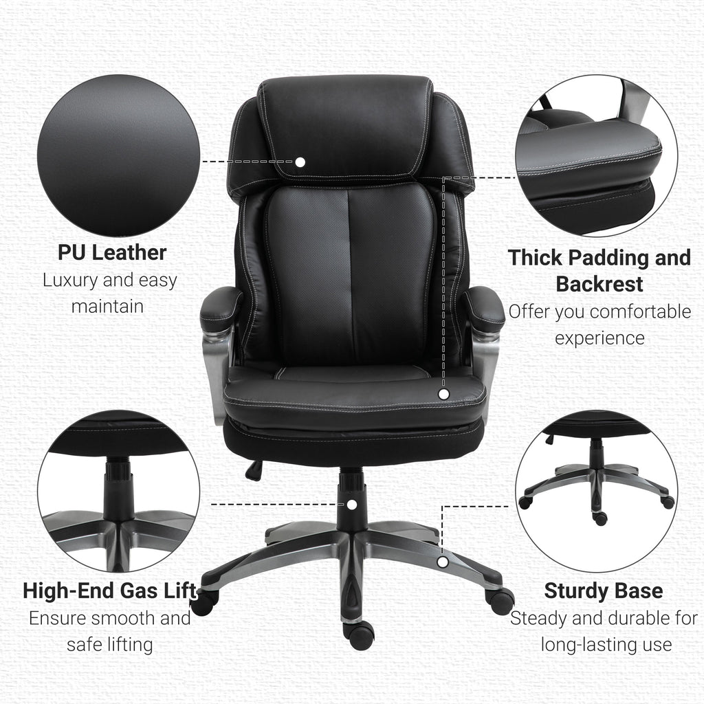 High Back Executive Chair Computer Ergonomic Task Seat PU Leather Swivel Chair for Home Office with Padded Armrests, Adjustable Height, Black