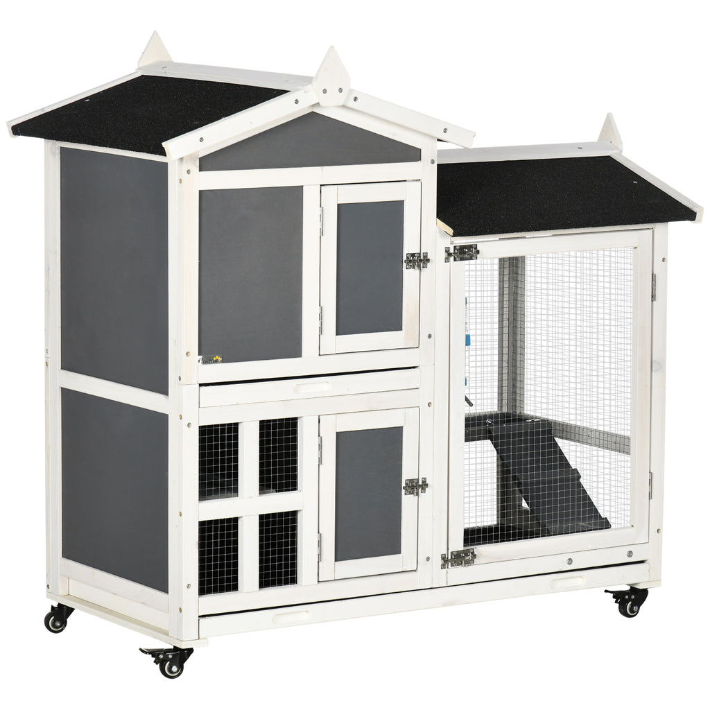 43" Rabbit Hutch Indoor Outdoor with Wheels, 2 Tier Wooden Bunny Cage for Small Animals with Water Resistant Roof, Water Bottle, Run, No Leak Trays, Ramps