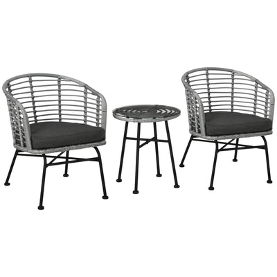 Grey 3 Pieces Patio PE Rattan Bistro Set, Outdoor Round Wicker Woven Coffee Set, 2 Chairs & 1 Coffee Table Conversation Furniture Set, for Garden