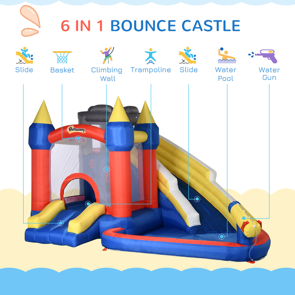 6-in-1 Inflatable Water Slide, Kids Castle Bounce House Includes Slide, Trampoline. Basket, Pool, Water Gun, Climbing Wall with Carry Bag, Repair Patches, Basketball, 680W Air Blower