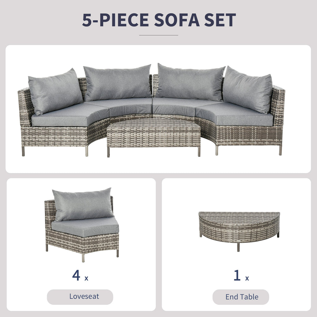 5PC Outdoor Patio Furniture Set Garden Sectional Rattan Wicker Sofa Set Cushioned Half-Moon Seat Deck w/ Pillow Grey