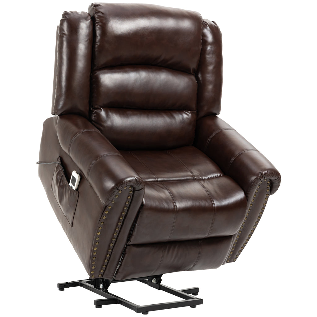 Dual Motor Electric Power Lift Recliner Chair for Elderly with Massage, PU Leather Reclining Chair with Remote Control, USB Interface, Brown