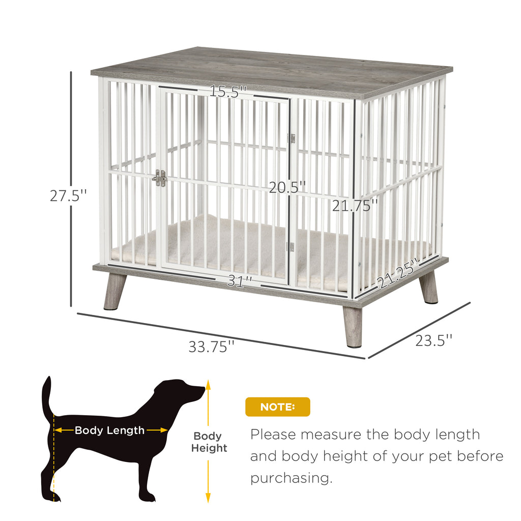 Dog Crate, Furniture Style Pet Cage Kennel, Decorative Dog House, with Soft Cushion, Wooden Top, for Small & Medium Dogs, Indoor Use, Grey