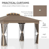 12' x 10' Patio Gazebo Outdoor Canopy Shelter with Double Tier Roof and Netting Sidewalls for Garden, Lawn, Backyard and Deck, Brown