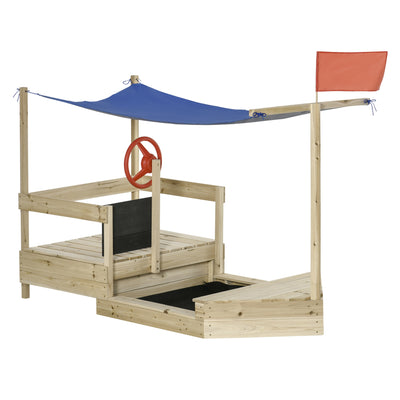 Kids Wooden Sandbox Foldable Design, w/ Canopy, Seats, Flag, Aged 3-8 Years Old