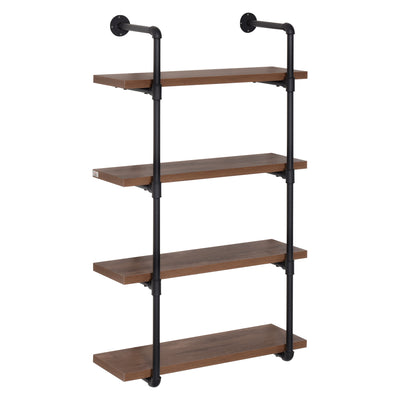 Industrial Pipe Style Shelf 4-Tier Wall-Mounted Utility Bookcase Floating Storage Rack with Metal Frame, Rustic Brown