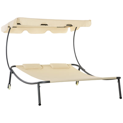 Patio Double Chaise Lounge Outdoor with Adjustable Canopy and Pillow, Wheeled Hammock Bed for Sun Room, Garden, Poolside, Beige