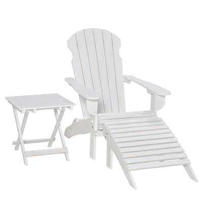 3 Piece Patio Furniture Set Adirondack Chair with Ottoman and Table Folding Design Outdoor Wooden Lounger for Garden, Patio Porch, White