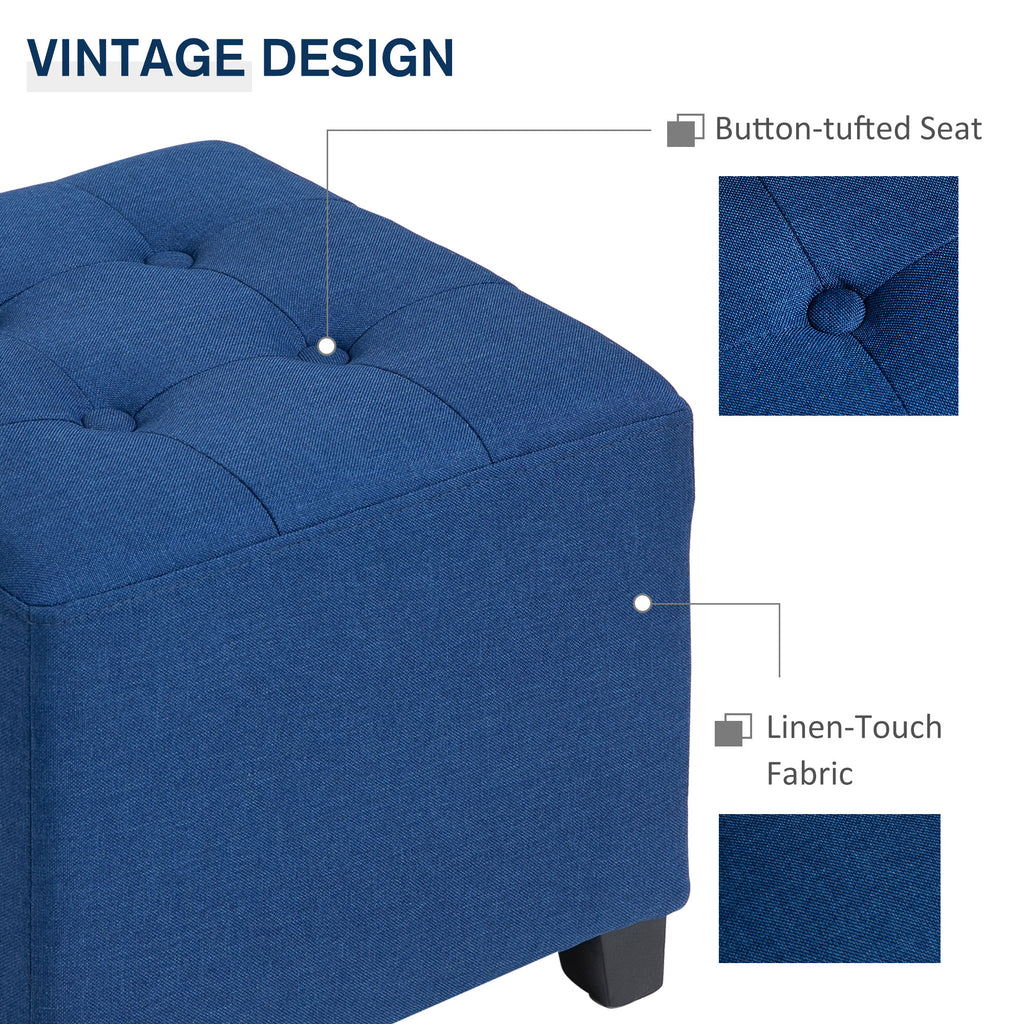 Tufted Ottoman Linen-Touch Fabric Upholstered Footrest Stool with Anti-Slip Pads, Blue