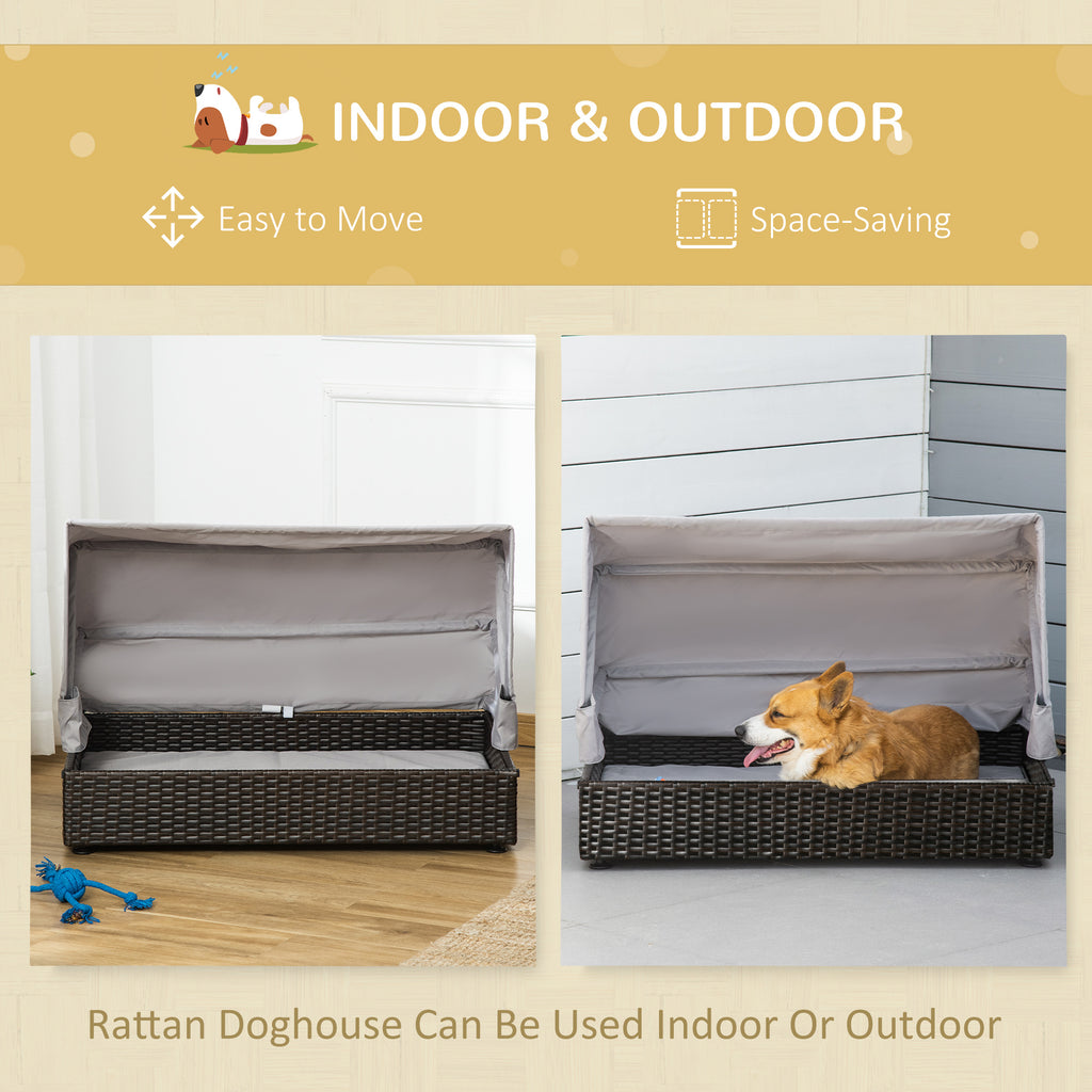 Wicker Dog House, Elevated Pet Sofa, Rattan Cat Bed, for Garden Patio with Foldable Roof, for Small or Medium-Sized Dogs, Coffee