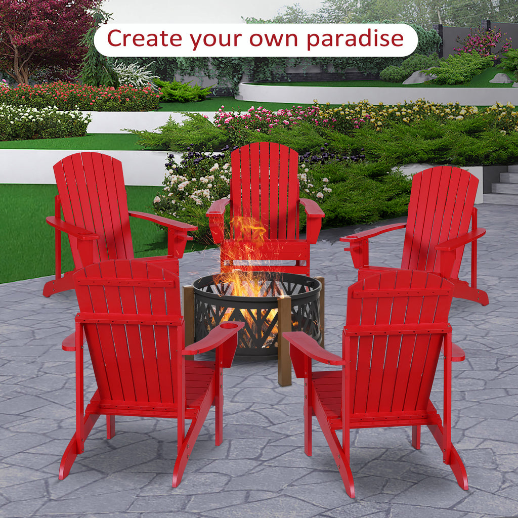 Oversized Adirondack Chair, Outdoor Fire Pit and Porch Seating, Classic Log Lounge w/ Built-in Cupholder for Patio, Lawn, Deck, Red