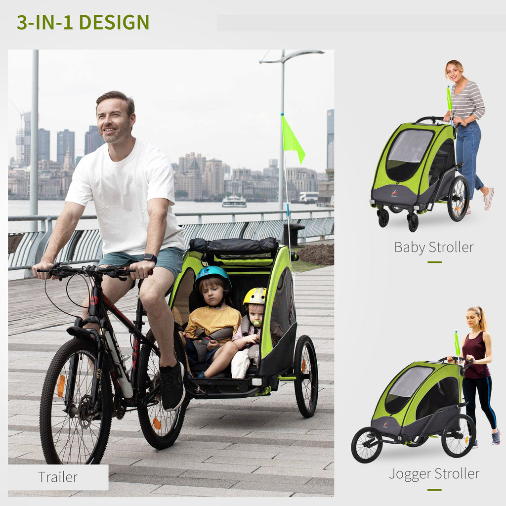 3 In1 Foldable Child Bike Trailer Baby Trailer Transport Buggy Carrier with Shock Absorber System Rubber Tires- Green & Grey