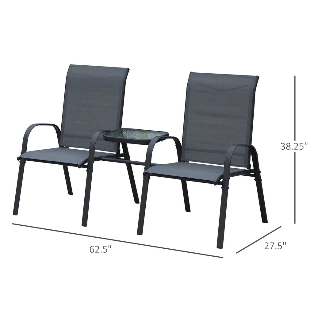 Bistro Set with Attached Middle Glass Coffee Table, Breathable Fabric Double Chairs for Outdoor, Balcony, Patio, Porch