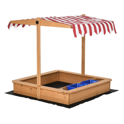 Kids Wooden Sandbox, w/ Adjustable Canopy, Seats, Plastic Basins, for Backyard