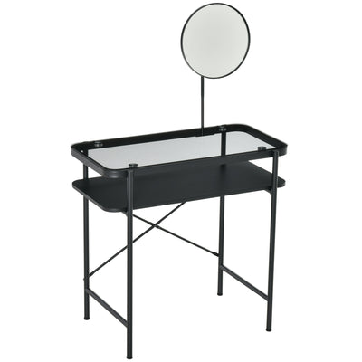 Modern Glasstop Vanity Table with Mirror,  Makeup Dressing Table with Rotating Round Mirror, Shelves for Perfumes, Cosmetics, Lotions, Black