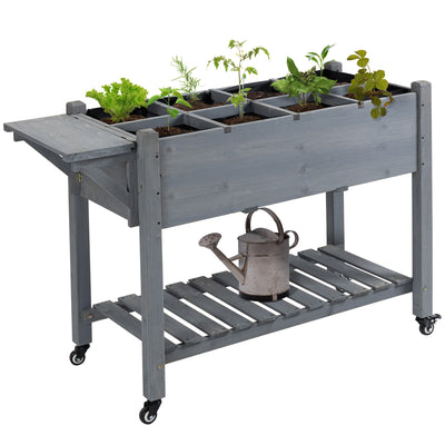 Gray Raised Garden Bed Planter Box w/ 8 Grow Grids, Storage Shelf & Lockable Wheels