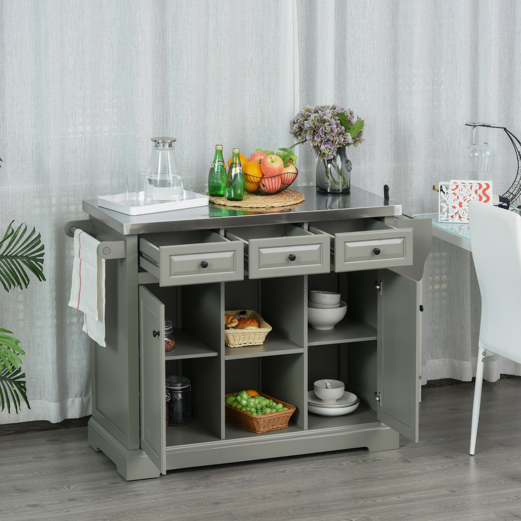Rolling Kitchen Island with Stainless Steel Top, Spice Rack & Drawers, Utility Portable Multi-Storage Cart on Wheels, Grey
