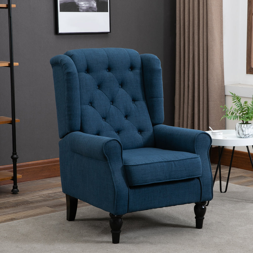 Button-Tufted Accent Chair with High Wingback, Rounded Cushioned Armrests and Thick Padded Seat, Set of 2, Blue
