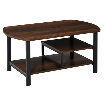 Vintage Industrial Coffee Table with Under-Top Storage Shelves and Rounded Corners, Dark Wood Color