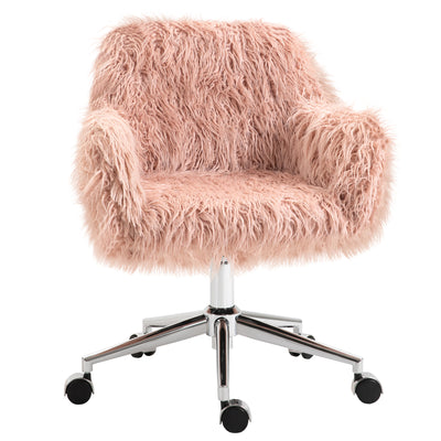 Vanity Chair, Faux Fur Desk Chair with Adjustable Height and Wheels for Makeup Room, Swivel Chair, Pink