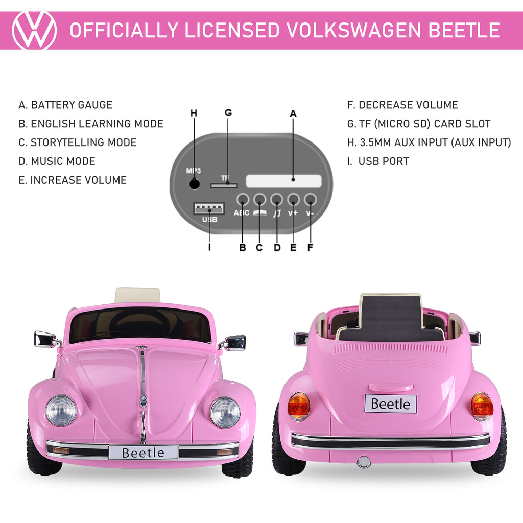 Licensed Volkswagen Beetle Ride-on Kids Electric Car with Secondary Remote Control & Extra Wide Safety Tires - Pink
