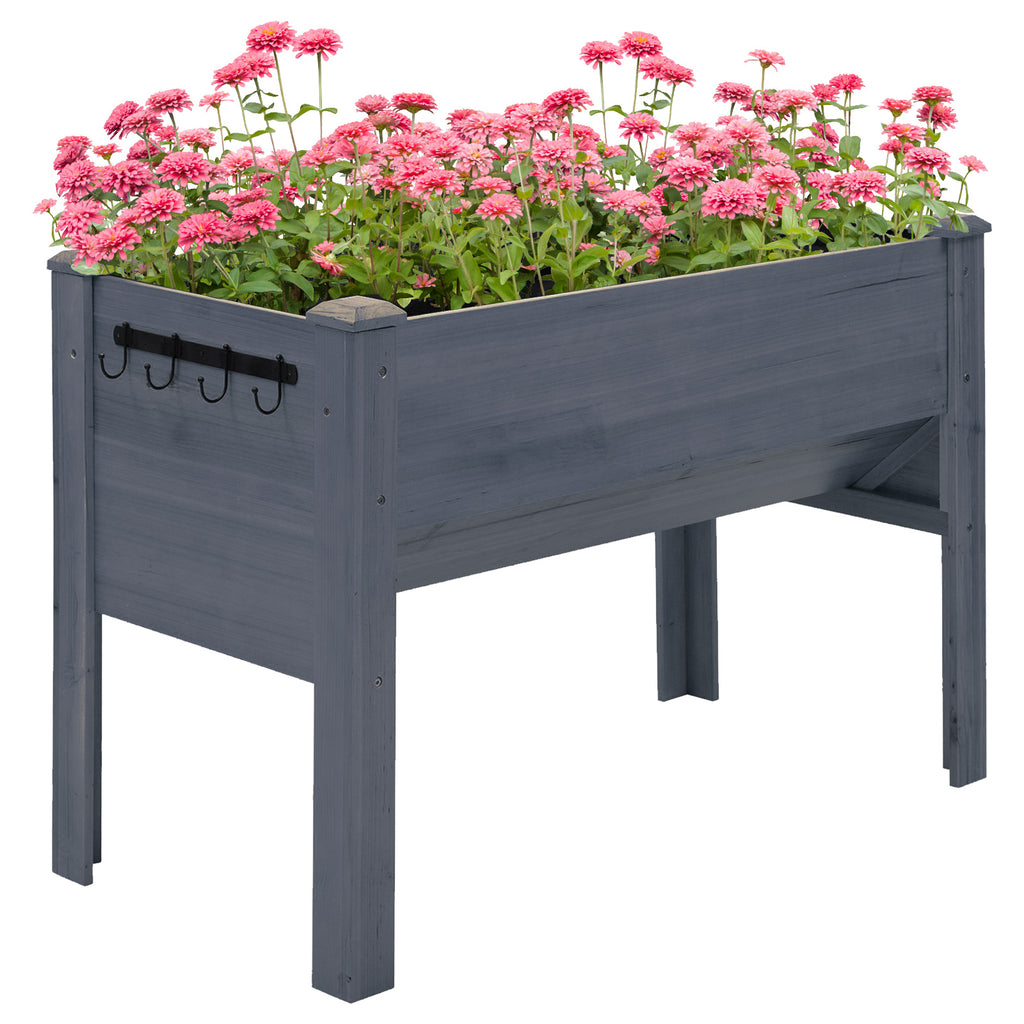 48" Fir Wood Raised Garden Bed with Tool Hooks, Elevated Planter Box Stand with Unique Funnel Design for Backyard, Gray