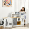 2Pcs Kids Play Kitchen Set with Lights Sounds, Kids Kitchen Playset with Stool, Oven, Coffee Maker, Ice Maker, Washing Machine, Microwave, Range Hood, Refrigerator, Sink, Utensils, White