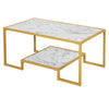 Minimalist Art Deco Coffee Table with Laminate Marble Print Table Top & Underneath Storage Shelf, White & Gold